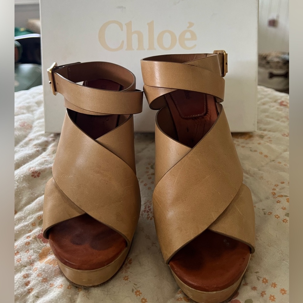 Chloe Strappy Leather Platform Sandals - Tan Size 38.5 - Picture 4 of 15